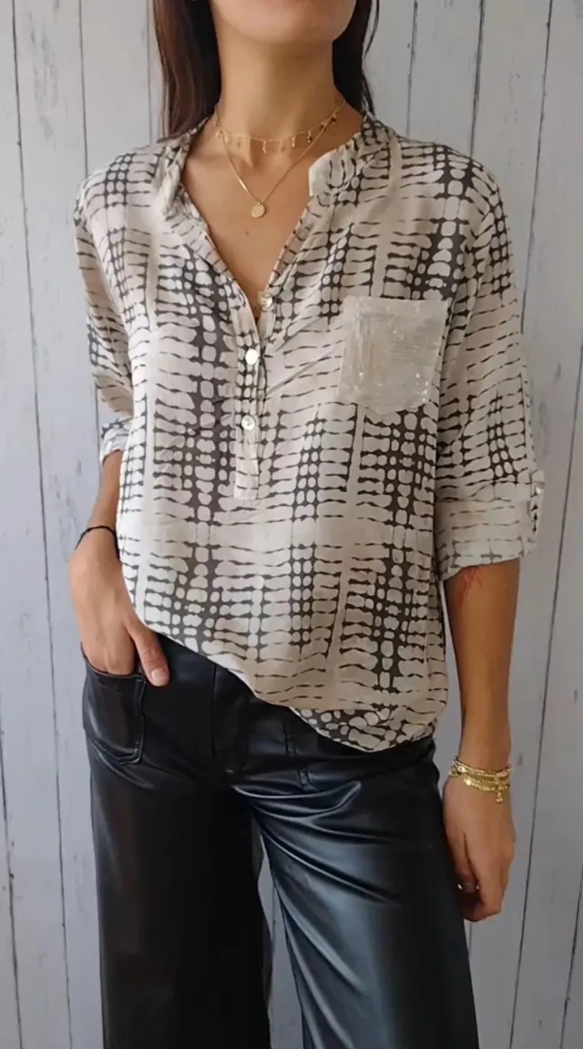 European And American V neck Half Button Plaid Shirt Half Sleeve Sequined Pocket Button Apricot - Shop at LoveMi