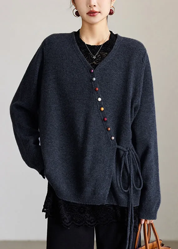 Women's Solid Color Versatile Wool Sweater Loose Top Coat Sapphire Blue - Shop at LoveMi