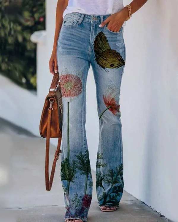 Printed Thin Jeans Large Size Women's Casual Pants - H31804-5Xl