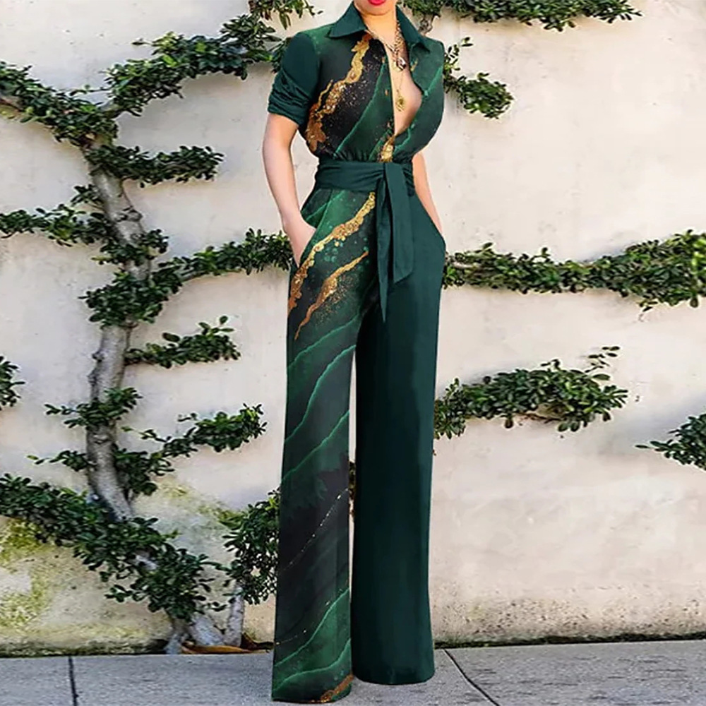 Women's Fashion Printed Long Sleeve Lapel Loose Casual Jumpsuit Green - Shop at LoveMi