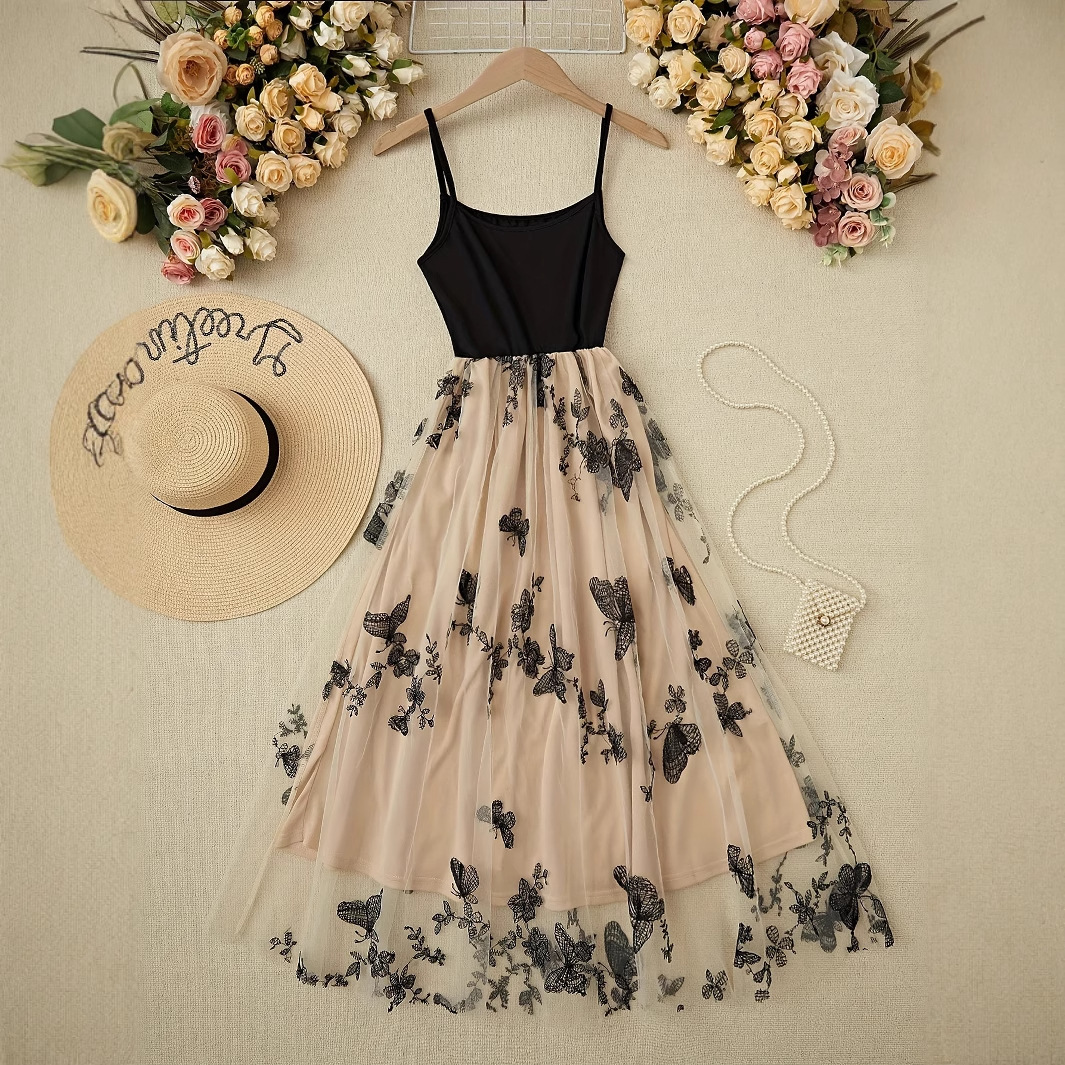 Black Rice Color-Block Butterfly-Print Slip Dress