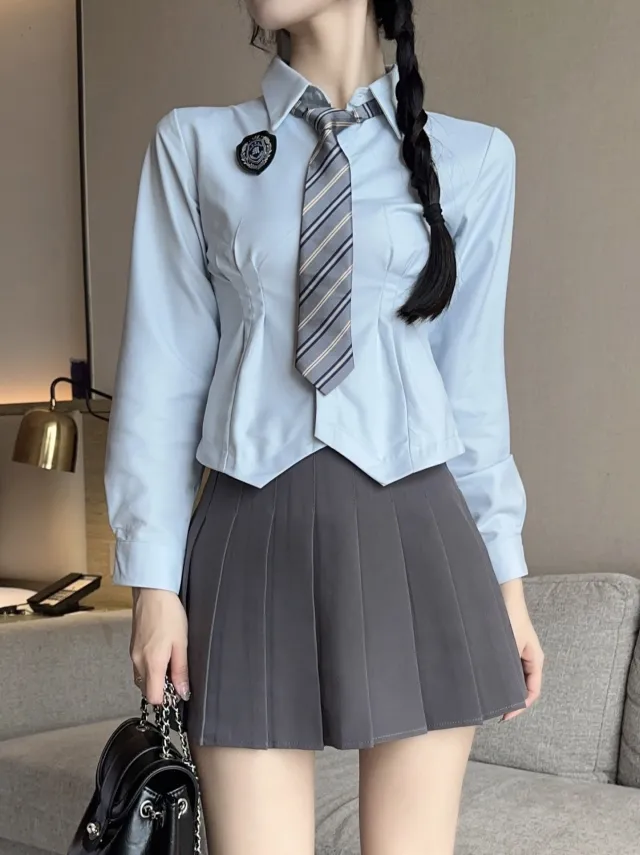 Jk Waist Trimming Shirt Women's Long sleeved Pleated Skirt Uniform Suit Blue - Shop at LoveMi