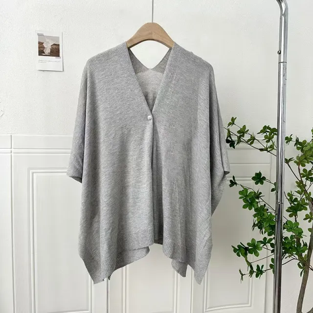 Summer Thin Solid Color Knitted Cardigan With Buckle All match Cloak Waistcoat Gray - Shop at LoveMi