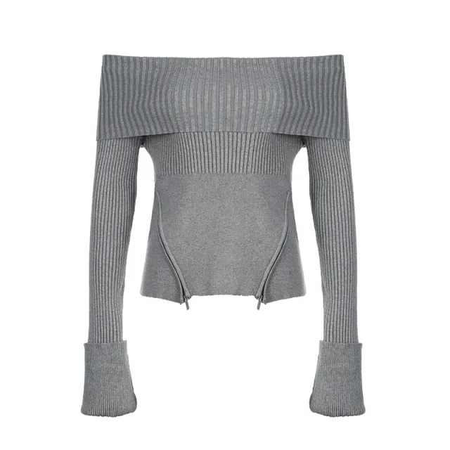 Off shoulder Off shoulder Zipper Hem Solid Color Long Sleeve Sweater Gray - Shop at LoveMi