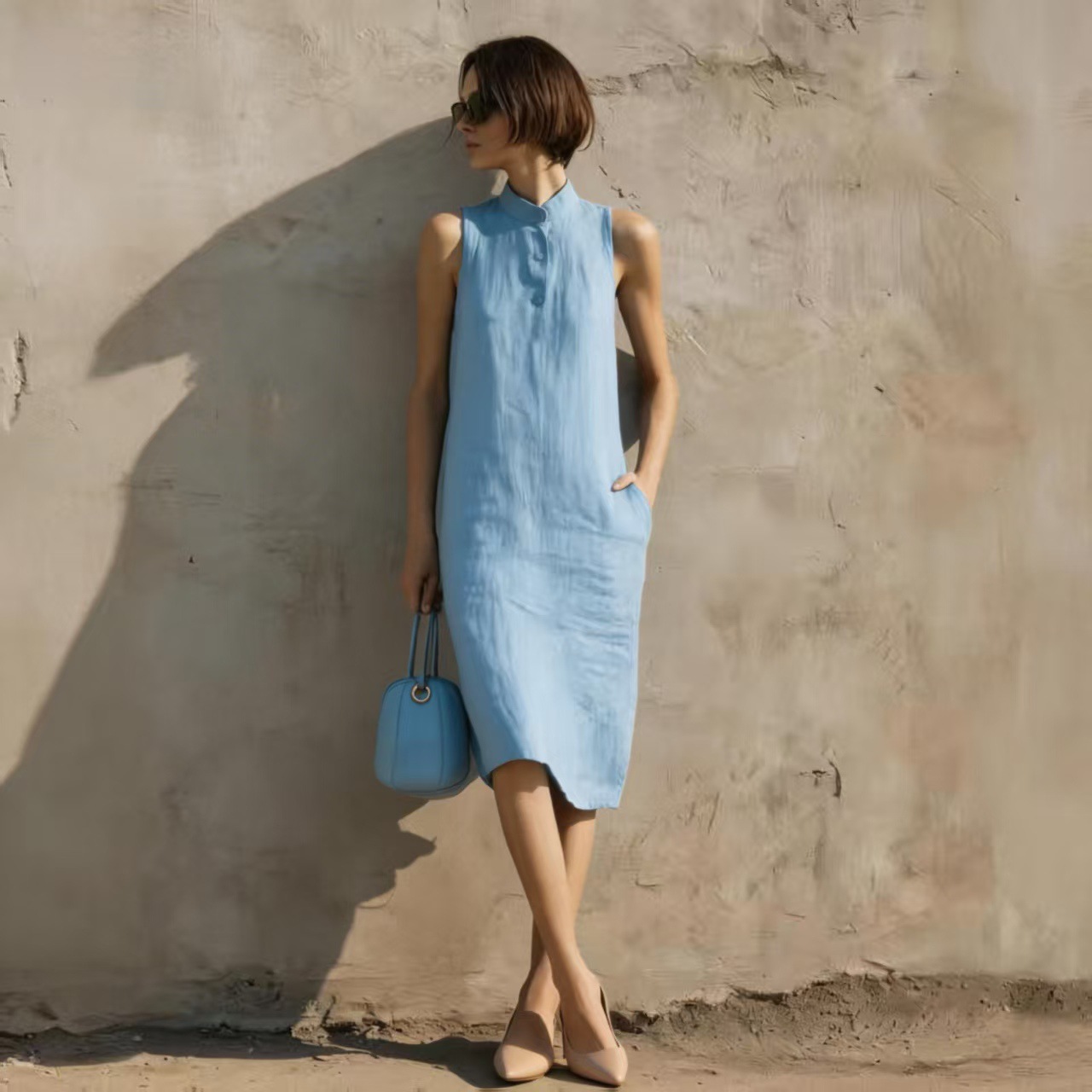 Women's Solid Color Sleeveless Dress in Lake Blue – A-line midi casual street style