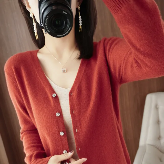 Spring And Summer New V neck Cardigan Loose Plus Size Women's Clothing Cinnabar Red - Shop at LoveMi