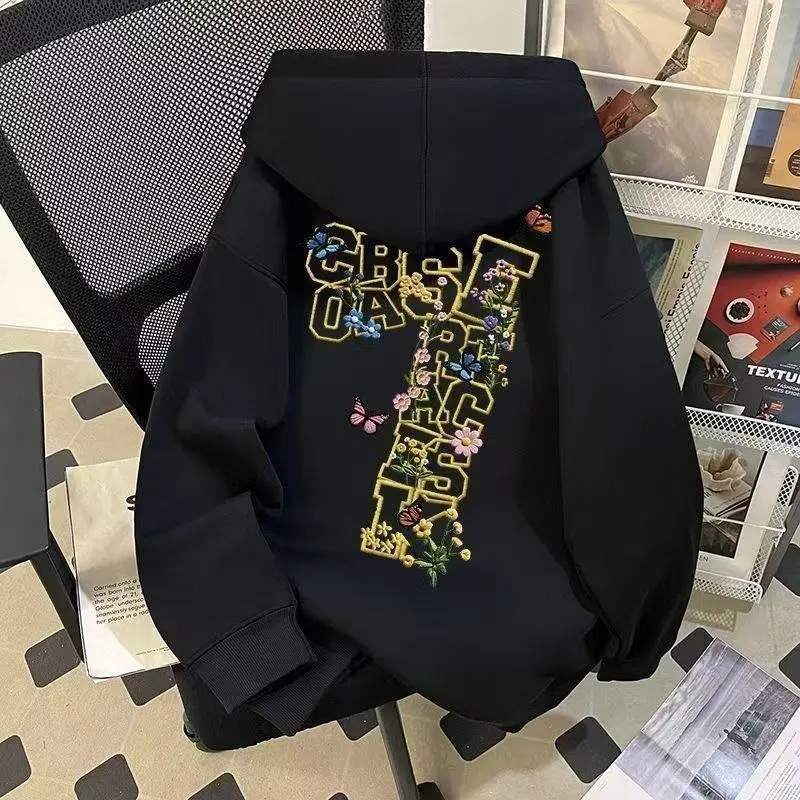 Korean-style Designer Floral And Letter-printed Hooded Sweatshirt With Silver Fox Velvet Finish - Black