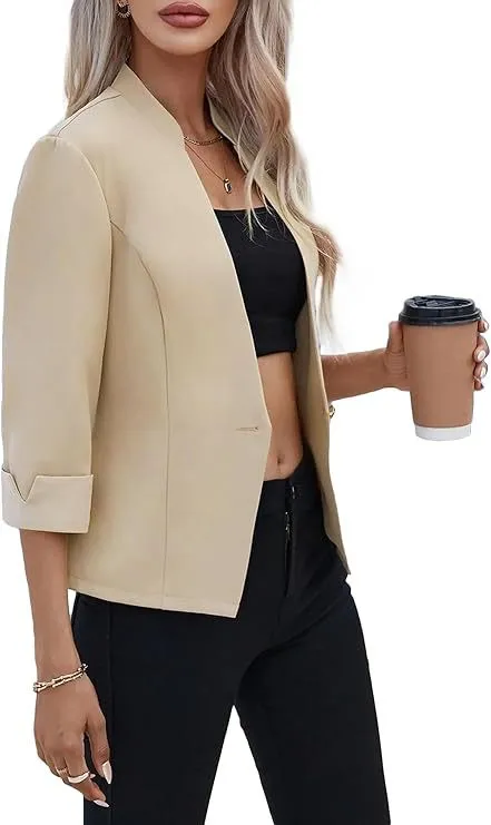 Light And Thin Fully Lined Slim Fit Stand Collar Casual Small Suit Jacket Beige - Shop at LoveMi