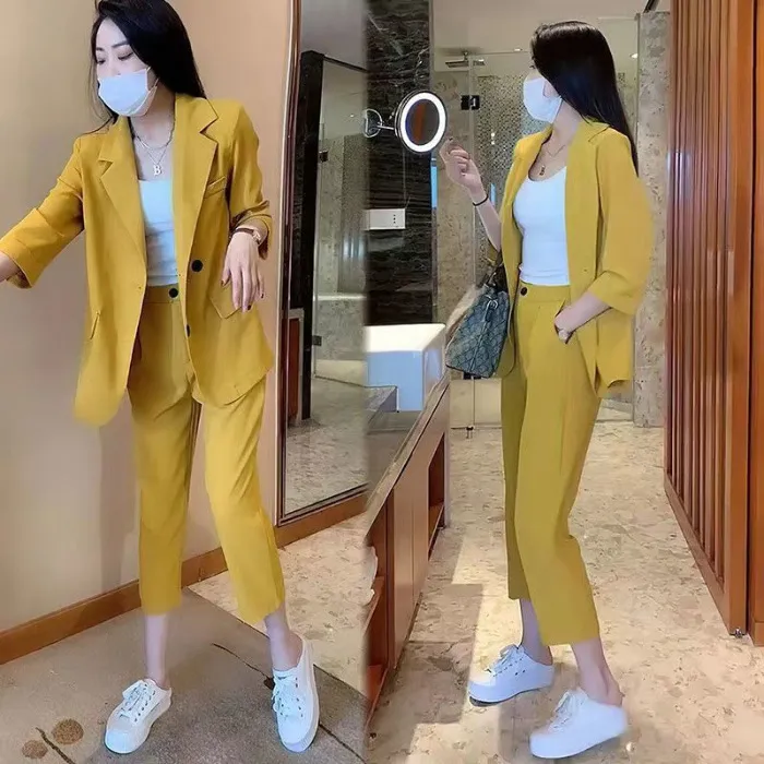 Plus Size Suit Coat Harem Pants Two-piece Set - Yellow