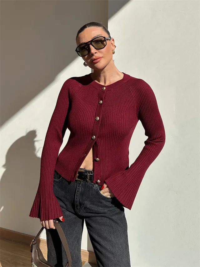 Women's Long sleeved Sweater Solid Color Base Thread Top Red - Shop at LoveMi