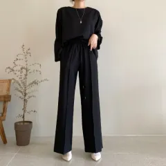 Long Sleeve Top High Waist Straight Wide Leg Casual Pants Two-piece Set - Black - View 1