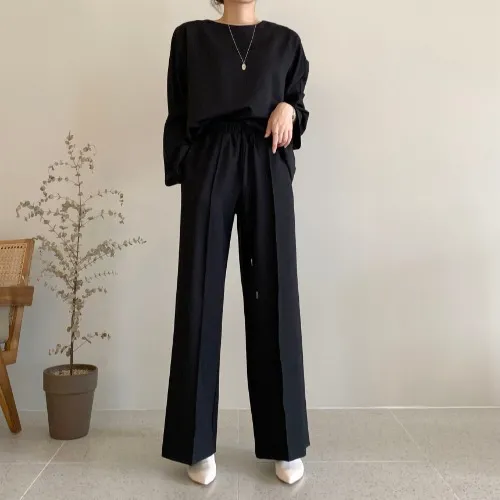Long Sleeve Top High Waist Straight Wide Leg Casual Pants Two piece Set Black - Shop at LoveMi