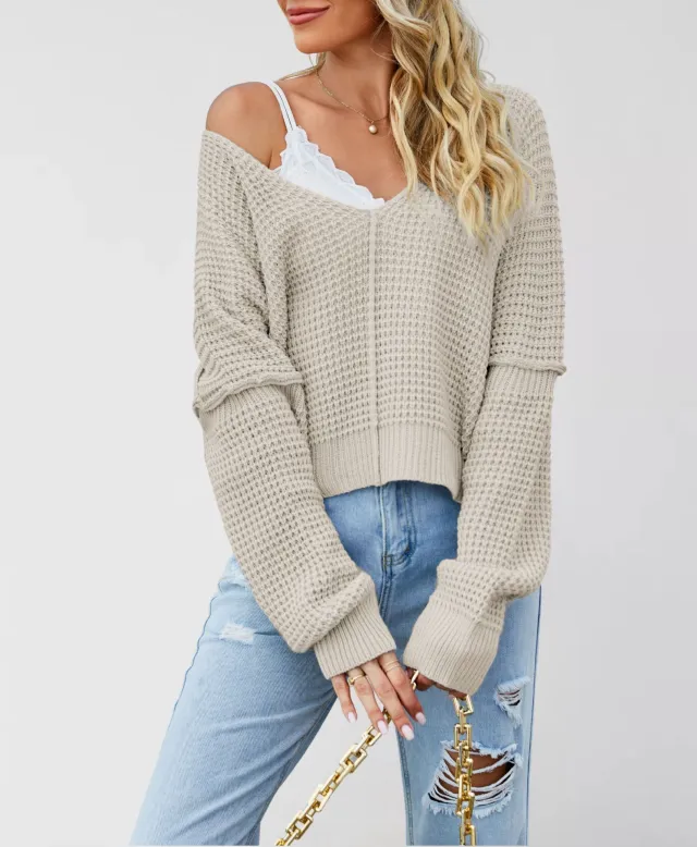 V neck Solid Color Off shoulder Loose Knitted Sweater Apricot - Shop at LoveMi