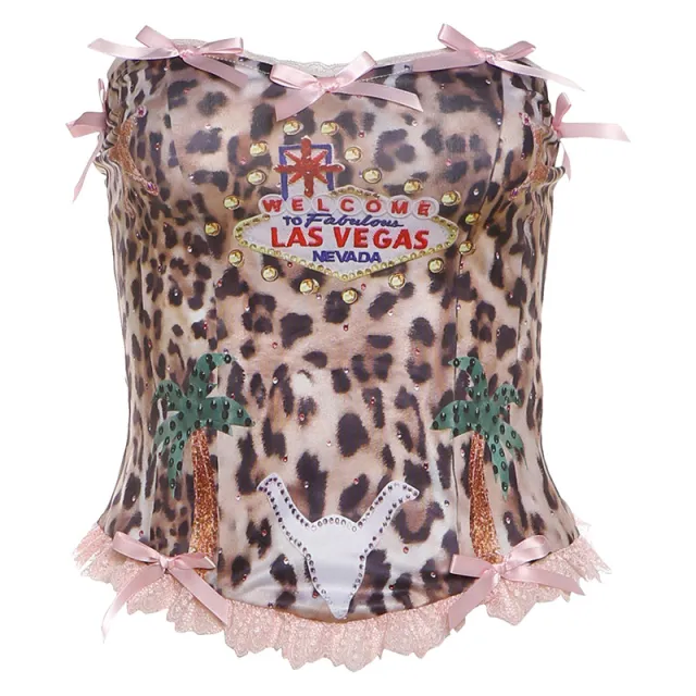 Womens Fresh & Sweet Backless Fitted Tank Top With Bow And Leopard Print Tan - Shop at LoveMi