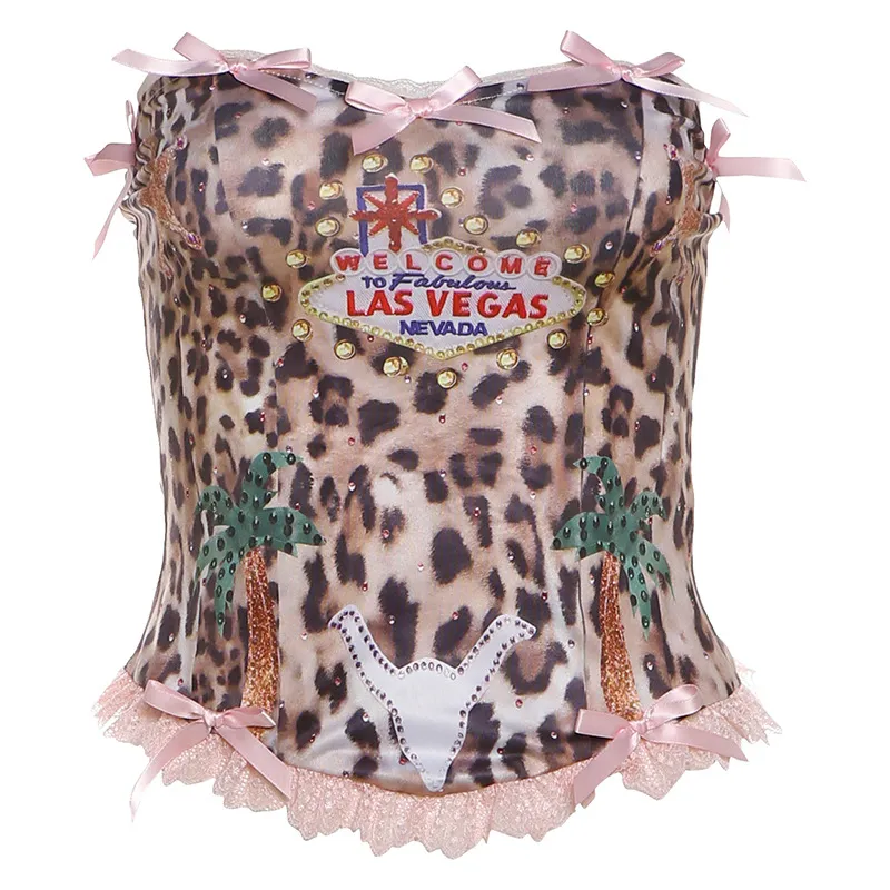 Womens Fresh & Sweet Backless Fitted Tank Top With Bow And Leopard Print - Tan