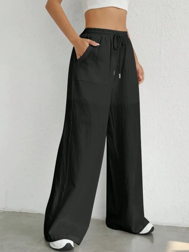 Women's Casual Solid Color Drawstring Straight Pocket Casual Pants Black - Shop at LoveMi