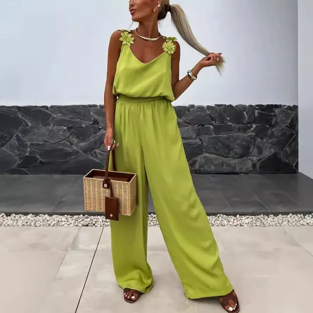 Spring And Summer New Suspender Sleeveless Pocket Jumpsuit Casual Loose Yellow Green - Shop at LoveMi