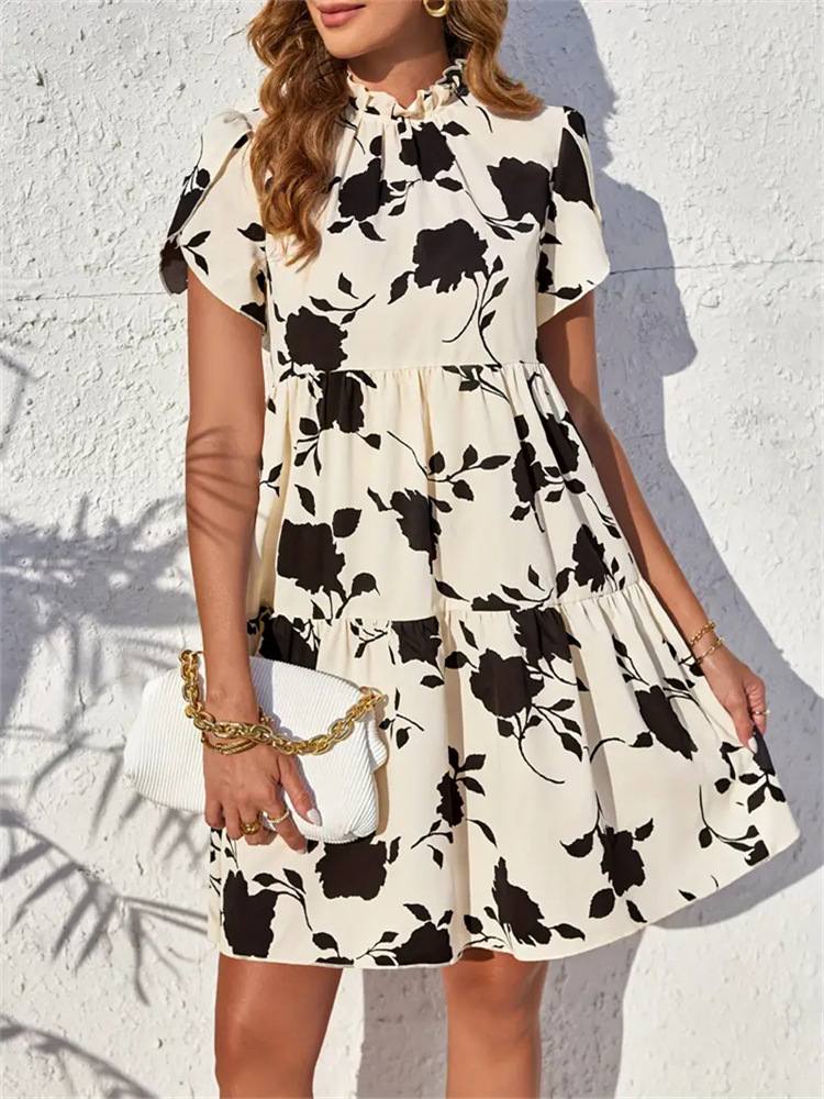 Doll Collar With Ruffled Hem Short Dress Apricot Beige - Shop at LoveMi