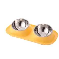 Pet Bowl Stainless Steel Dog Double Neck Basin - Yellow - View 1