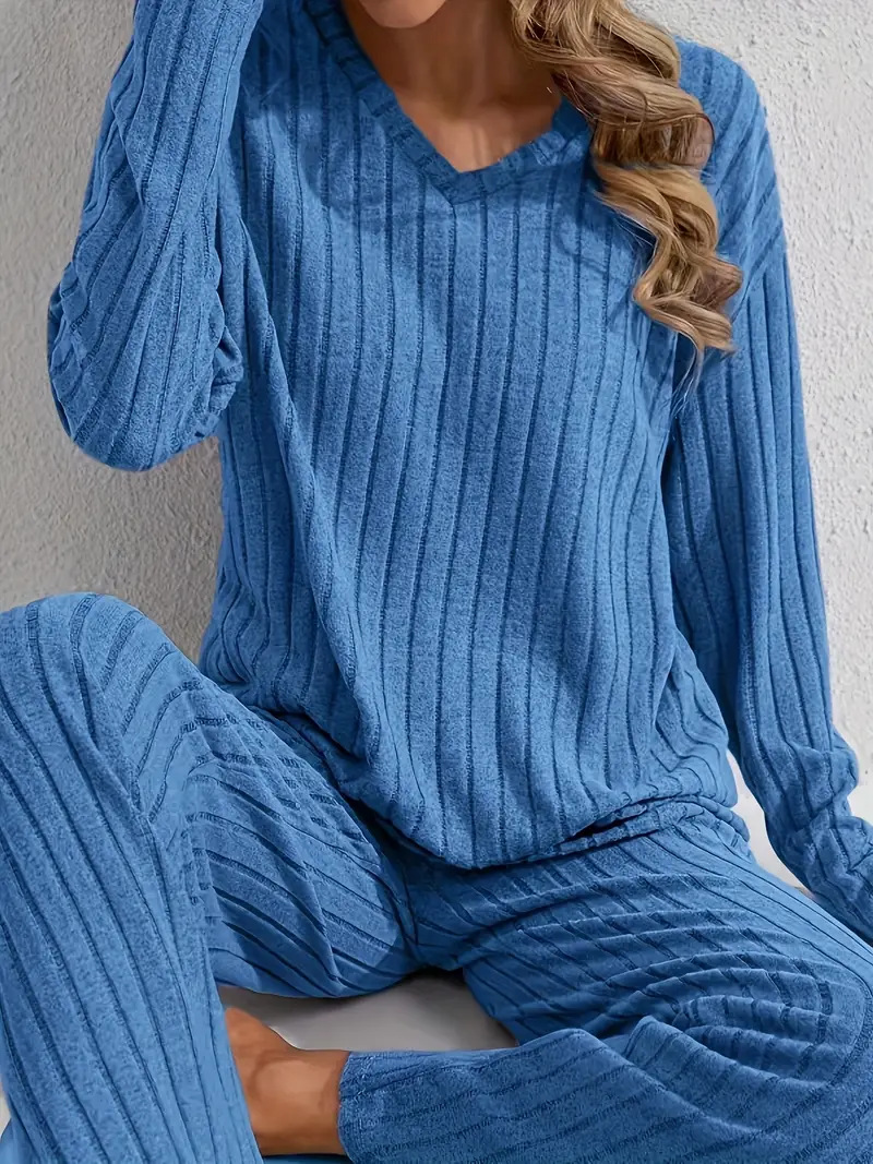 Women’s Ribbed Long Sleeve Top and Pants Loungewear Set