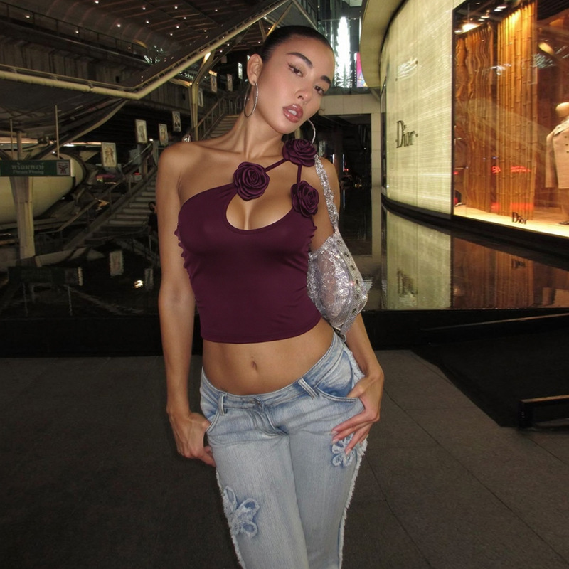 New Personalized Flower Decoration Solid Color Slim-fit Sexy Backless Shoulder Vest For Women