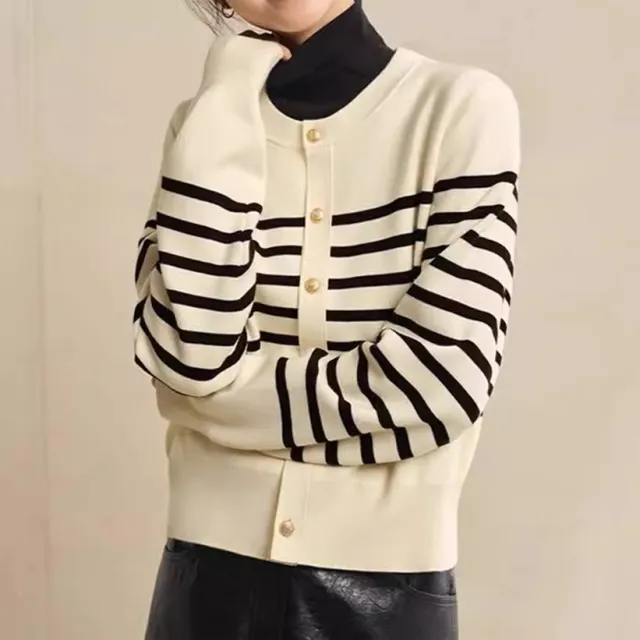 Autumn New Retro Gold Buckle Sweater French Waist Trimming Coat Stripe With White Background - Shop at LoveMi