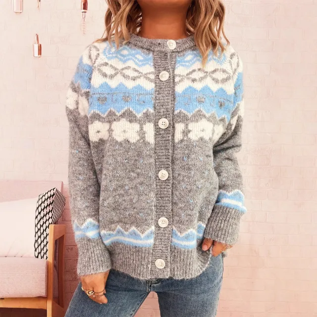 Retro Ethnic Style Knitted Jacquard Coat Round Neck Single breasted Sweater Gray - Shop at LoveMi