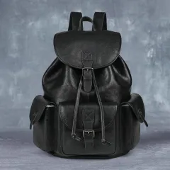 Genuine Leather Retro Backpack, Casual Soft Leather Bag, Hiking Backpack - Black - View 1