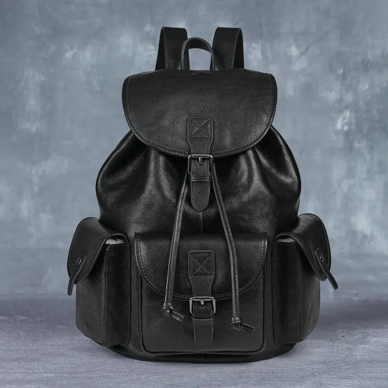Genuine Leather Retro Backpack, Casual Soft Leather Bag, Hiking Backpack - Black