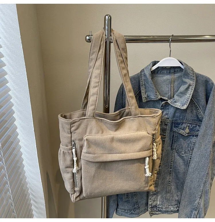 Corduroy Casual Versatile Large Capacity Bag - Khaki