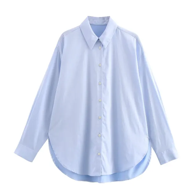 Lapel Single breasted Simple Loose Shirt Blue - Shop at LoveMi