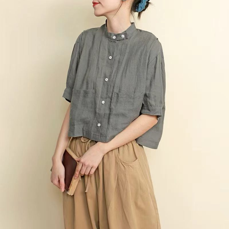 Womens Retro Solid-Color Mock-Neck Loose-Fit Top