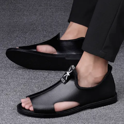 Toed First Layer Cowhide Sandals Men's Bag Heel Side