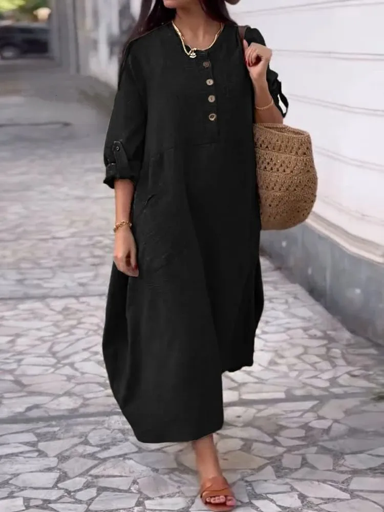 Women's Solid Color Round Neck Cotton And Linen Long Sleeve Casual Double Side Pocket Button Length Dress - Black