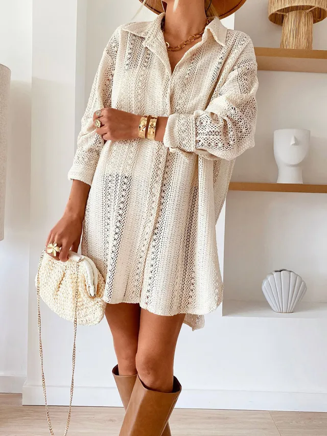 Solid Color Thin Loose Crocheted Long Sleeve Top White - Shop at LoveMi