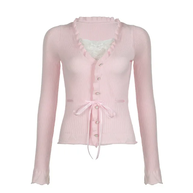 Sweet Style Lace Stitching Love Button Fake Two Pieces Sweaters Curling Top Light Pink - Shop at LoveMi