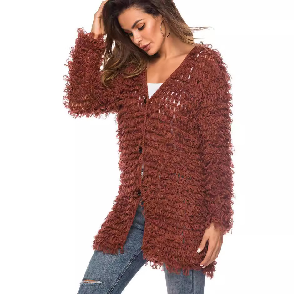 Womens CrochetTrim Knitted Sweater VNeck Cardigan MidiLength Knit Coat