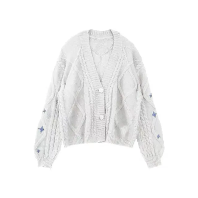 Sweater Cardigan Coat Embroidery Casual Knitting White - Shop at LoveMi