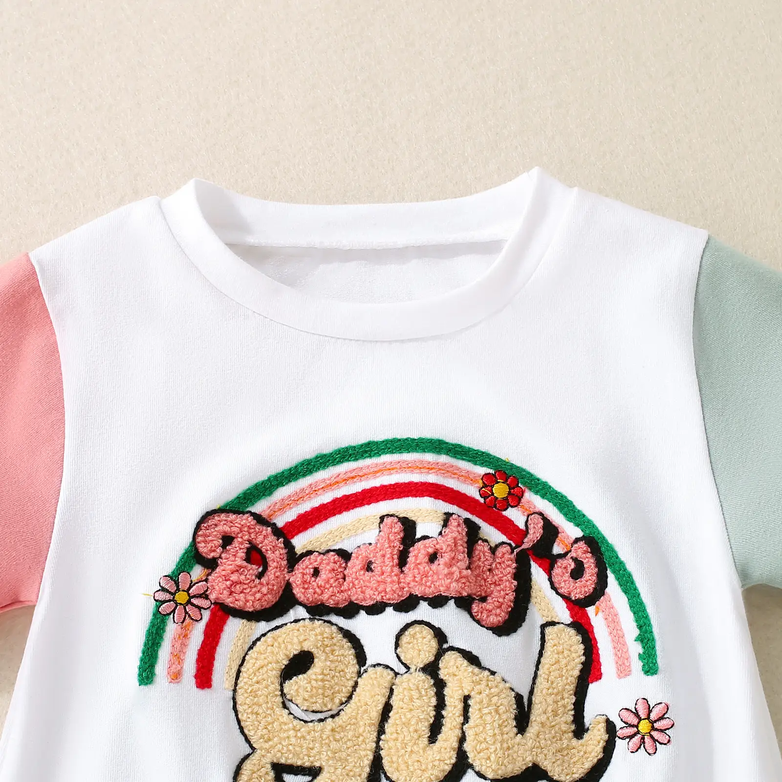 Summer Girls' Rainbow Towel Embroidered Pink Green Color Matching Jumpsuit
