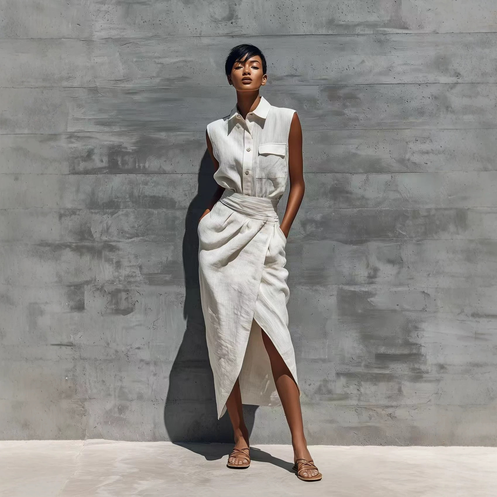 Sleeveless Lapel-button Pocket Shirt And Slit Skirt Set