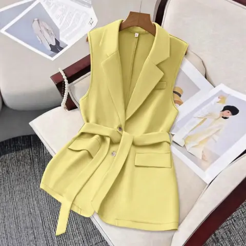 Womens Solid-Color Blazer-Style Loose-Fit Vest with Ties