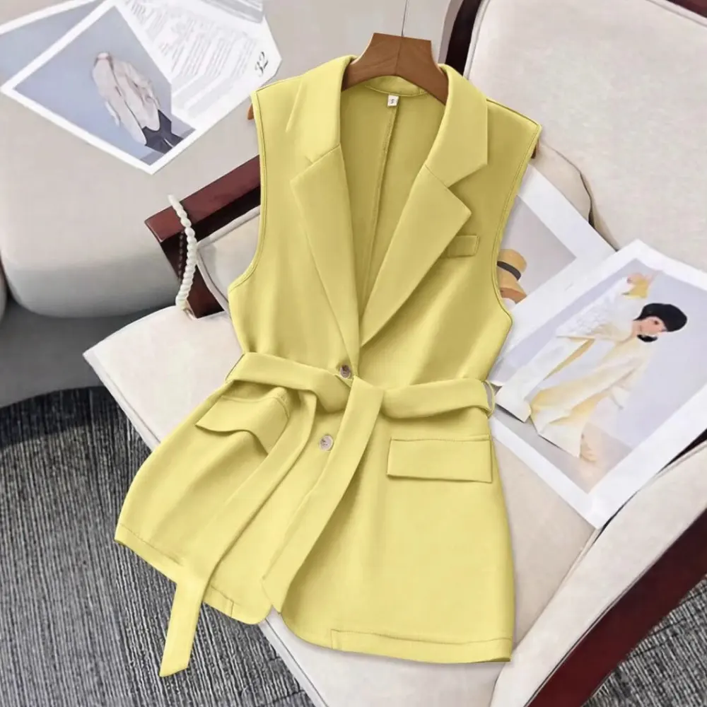 Womens Solid-Color Blazer-Style Loose-Fit Vest with Ties
