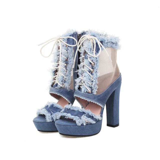 Fish Mouth Lace up Side Zip Chunky Heel Sandal Boots Blue - Shop at LoveMi