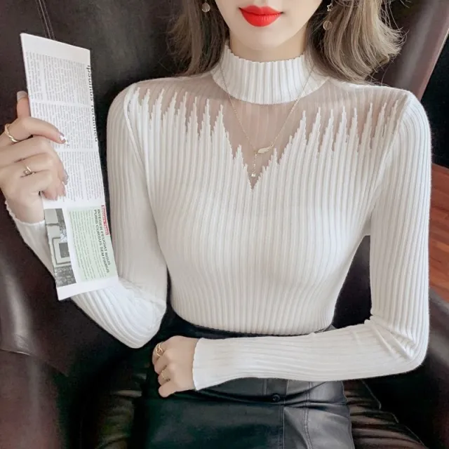 MeshPanel HalfHigh Neck Knitted Base Sweater For Women SlimFit Innerwear Stylish Top White - Shop at LoveMi