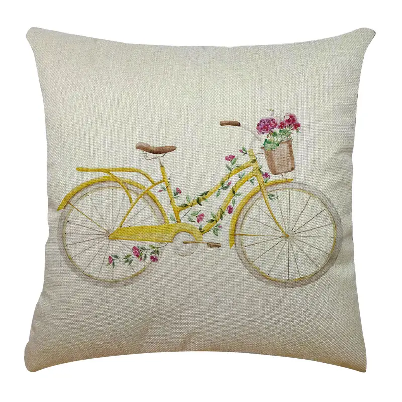 Bicycle Illustration Linen Pillow Cover Vase English Letters Home Cushion 4545