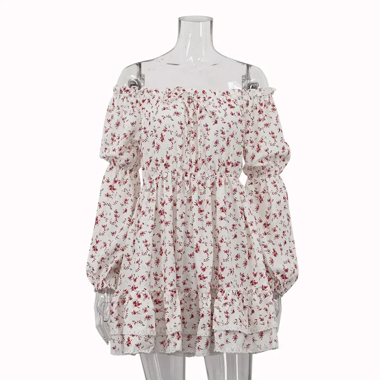 Sexy Off-neck Puff Sleeve Pleated Tube Top Printed Waist-controlled Dress - Red
