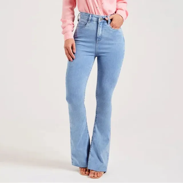 New Slim Fit Stretch Fashion Light Color Bell bottom Pants Women Light Blue - Shop at LoveMi
