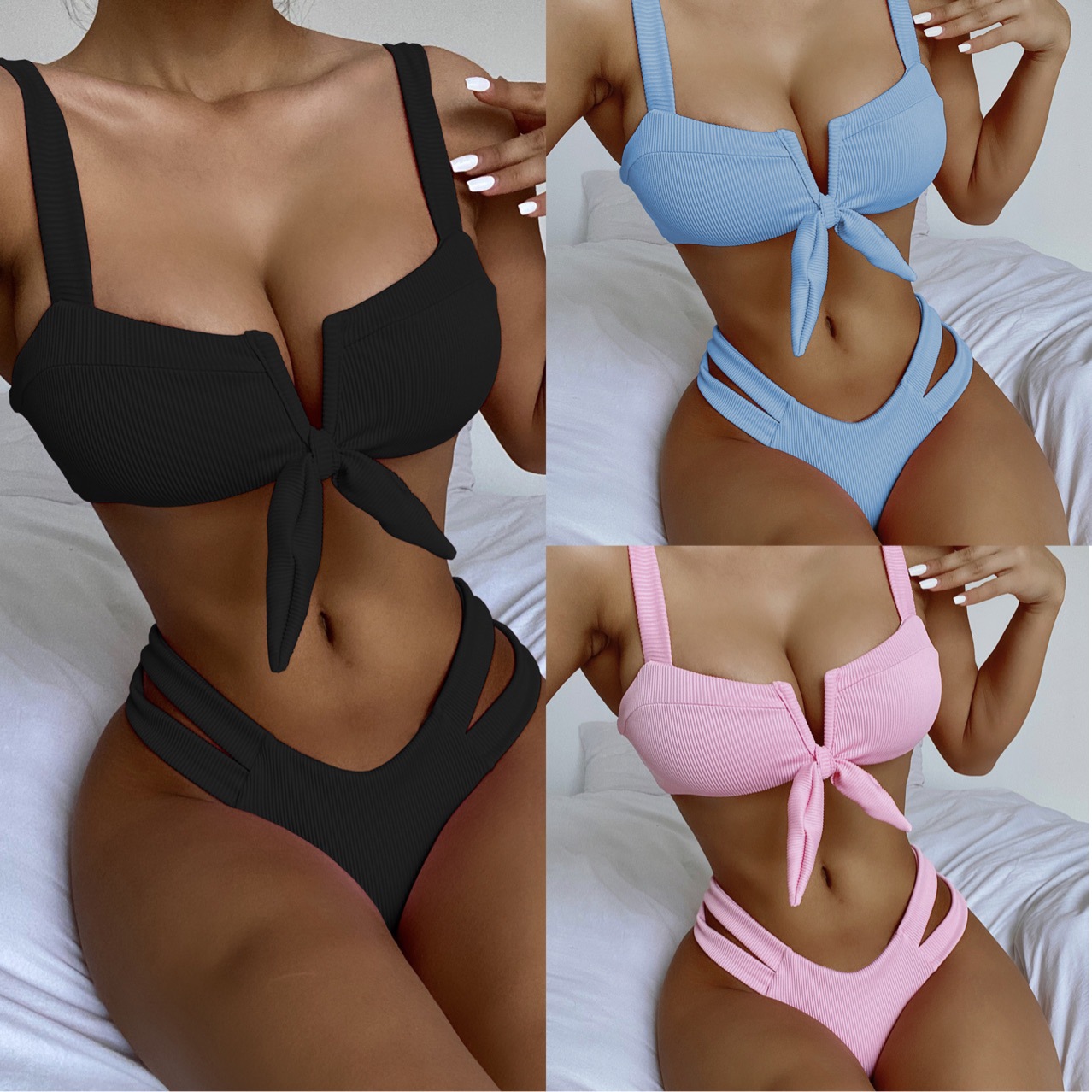 Color Double Shoulder Split Swimsuit Bikini Swimsuit - Image 9