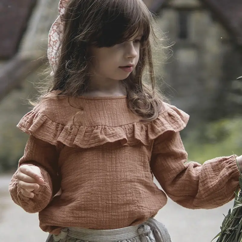 Children's T-shirt Top Round Neck Ruffled Long Sleeve Double Layer