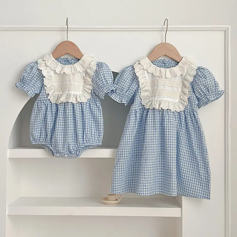 Plaid Lace-trimmed Bib Romper